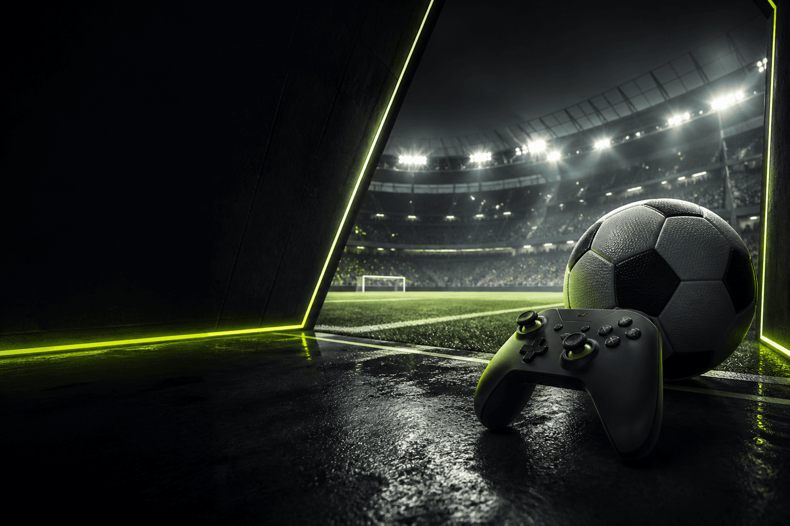 Bola e controle diante de um estádio iluminado